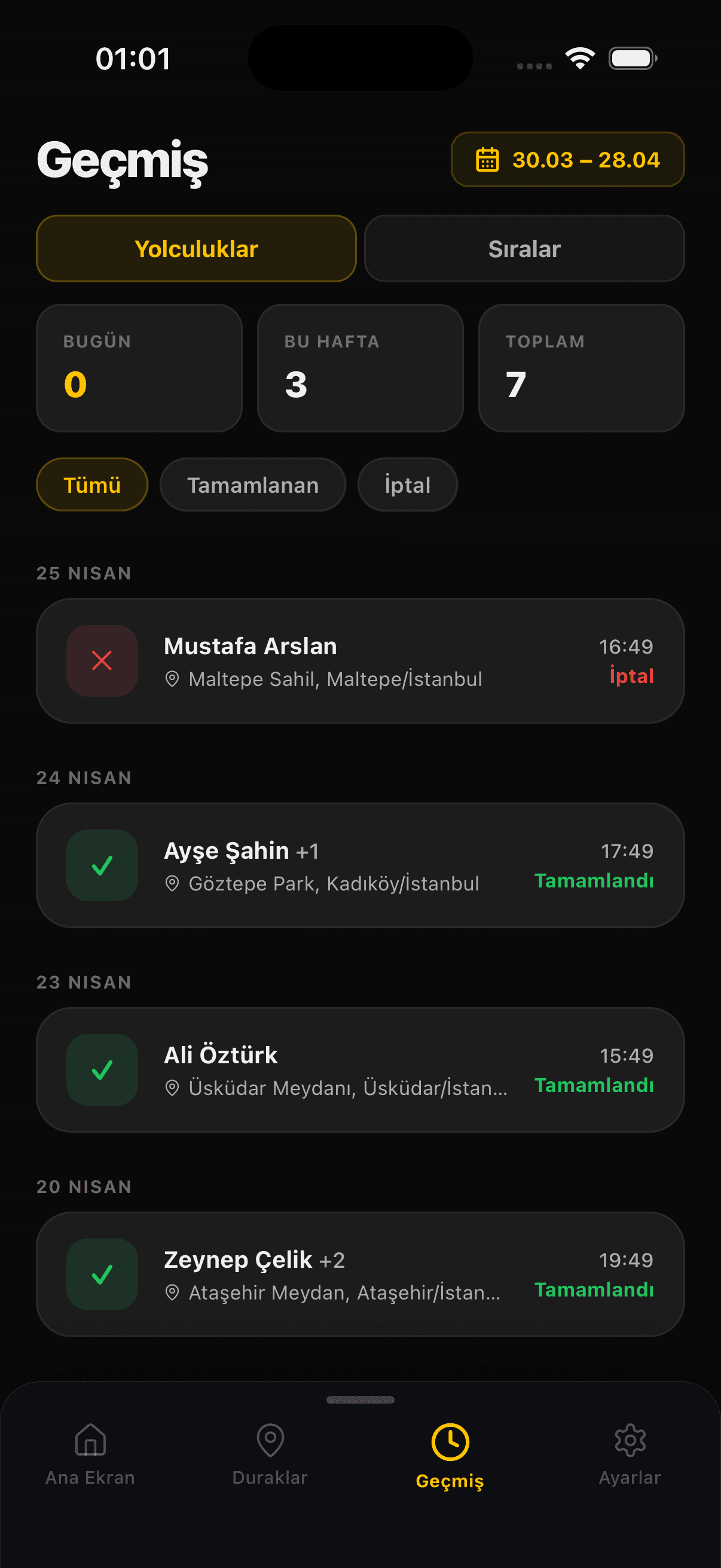 2yaka.net yolculuk geçmişi ve istatistik ekranı
