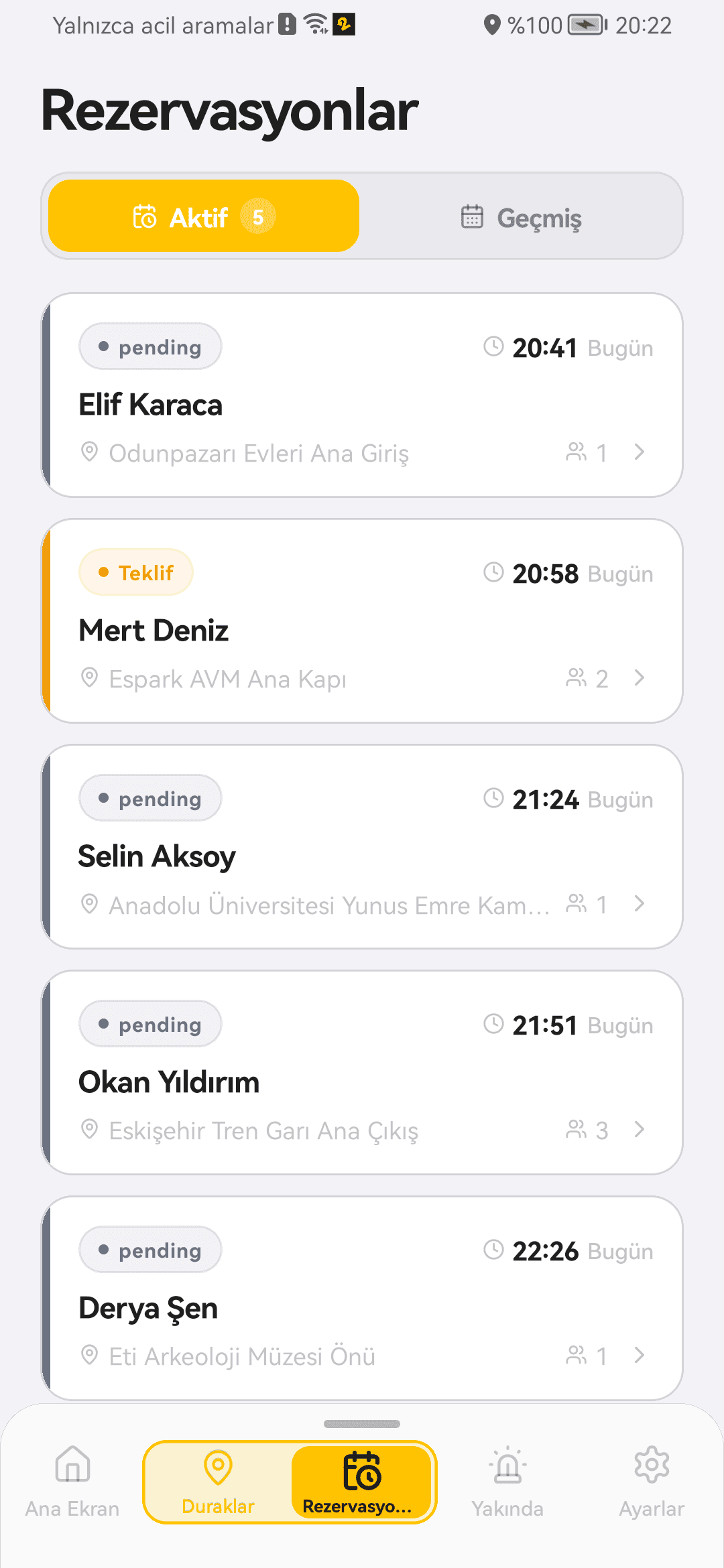 2yaka.net aktif rezervasyon listesi ekranı