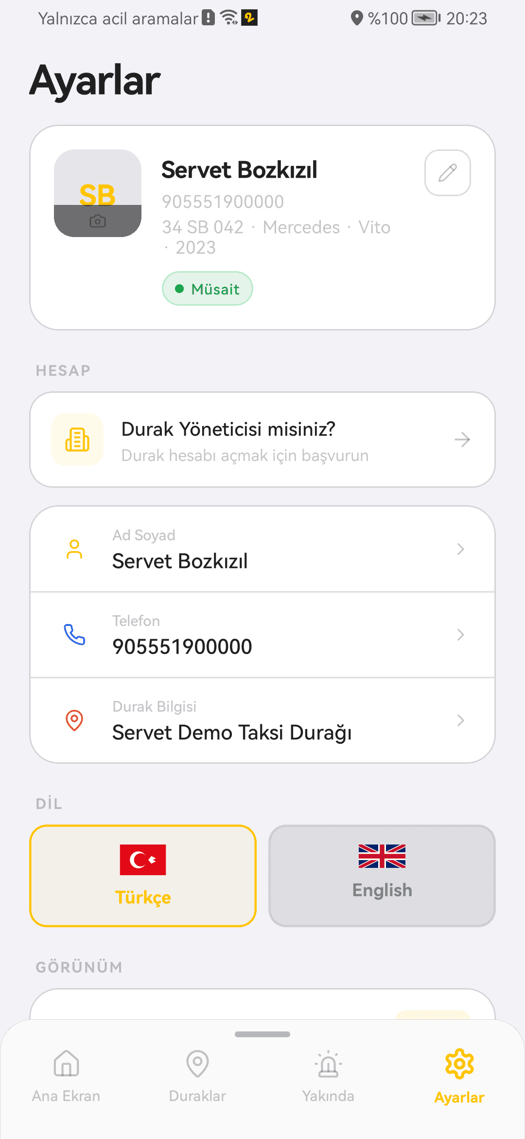 2yaka.net şoför profil ve durak bilgisi ekranı